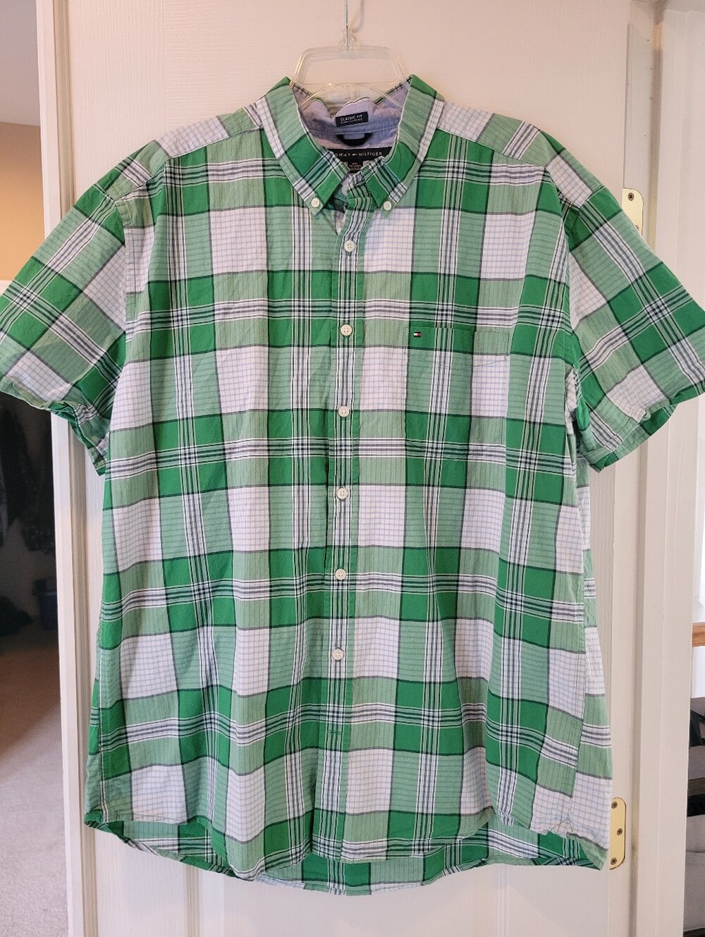 Tommy Hilfiger Mens Shirt XXL Classic Fit Green Plaid Short Sleeve Button Down